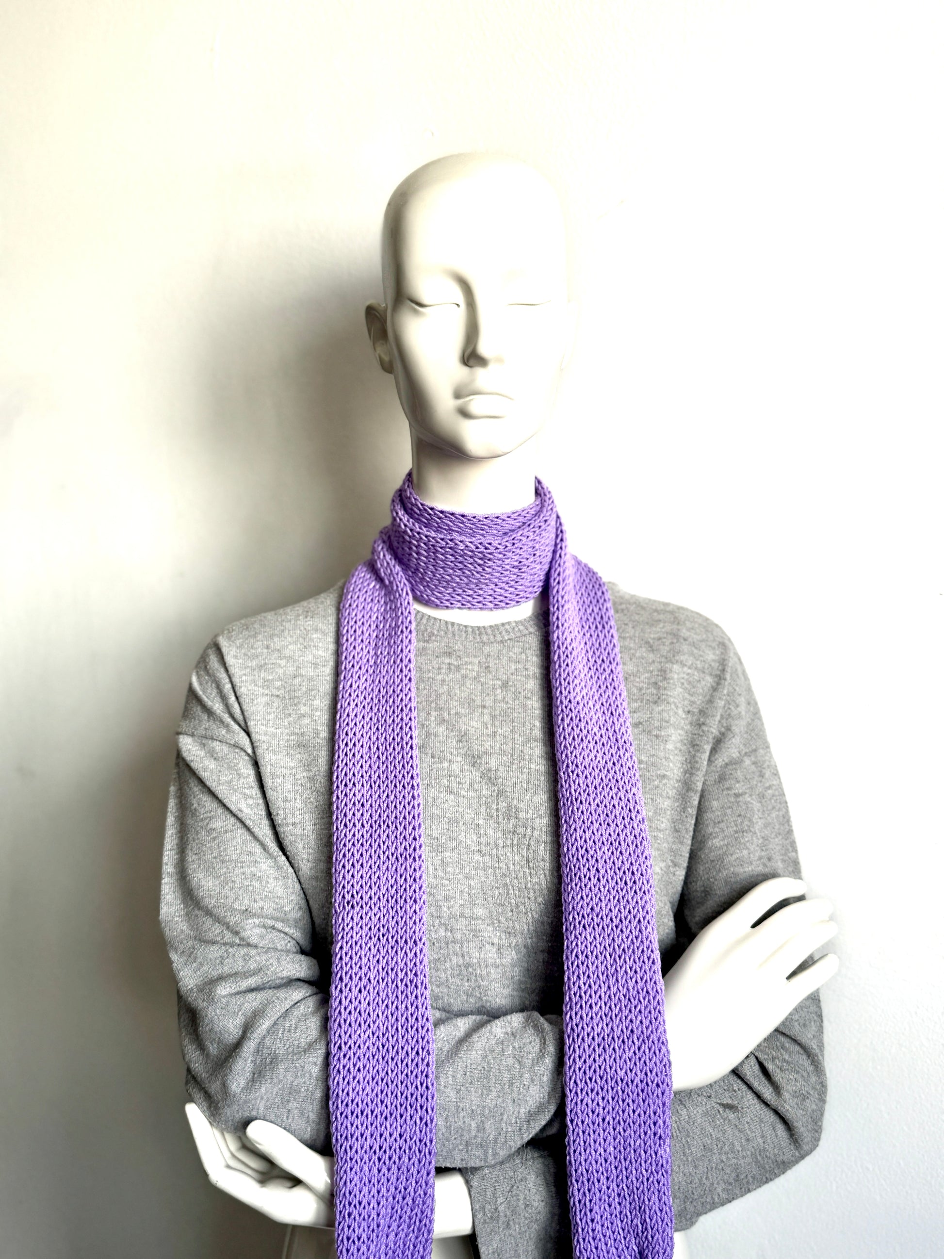  Handmade lilac skinny scarf, knitted lavender long thin winter scarf for women.