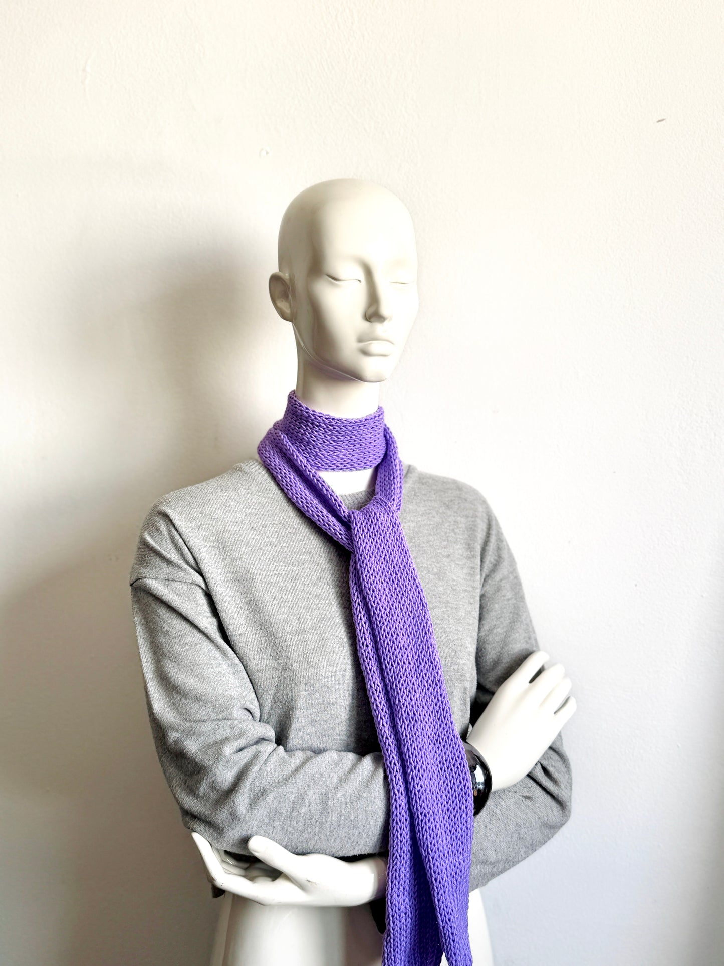 Skinny Scarf Lilac Knit Skinny Scarf, Handmade Lavender Long Scarf Tie, Purple Double Sided Thin Scarf, Women Knitted Scarves