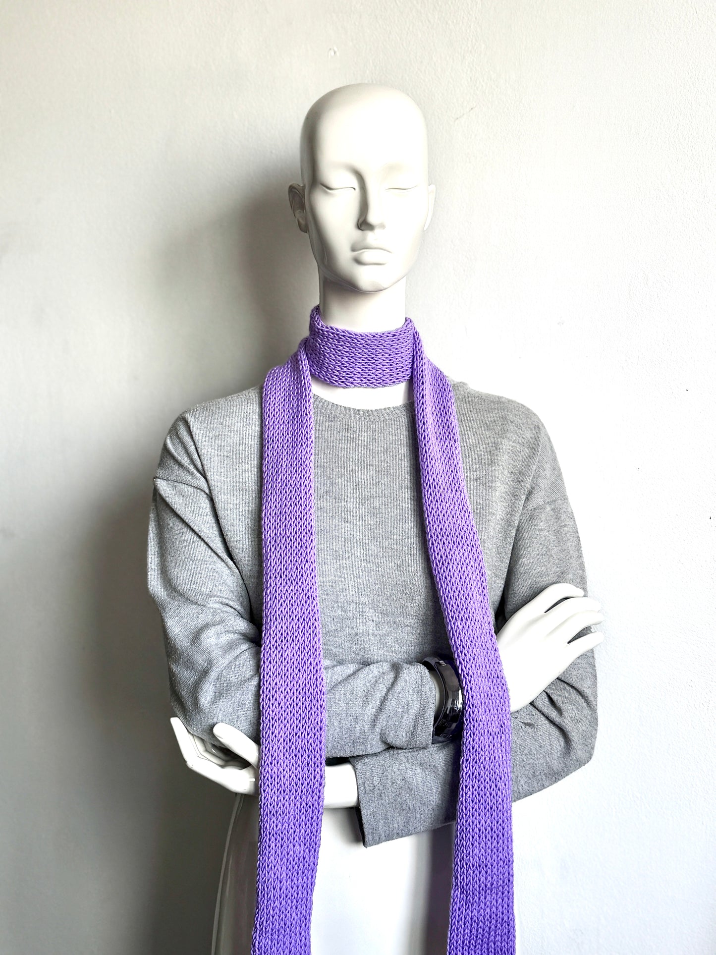 Handmade lilac skinny scarf, knitted lavender long thin winter scarf for women.