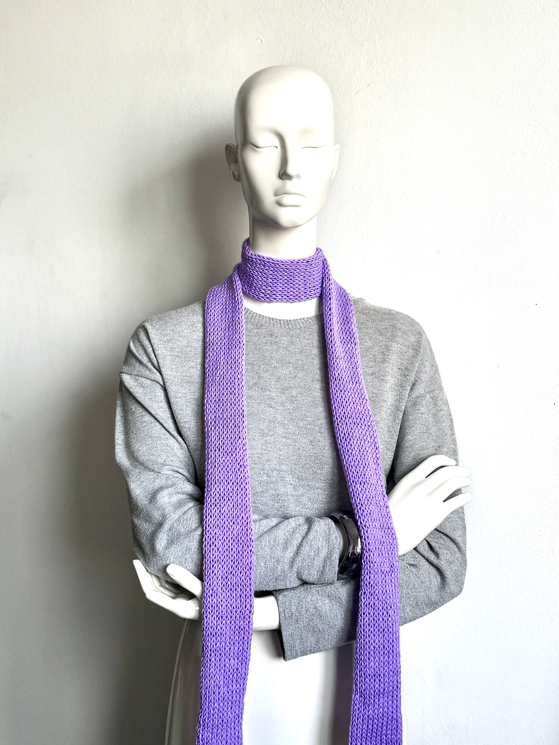  Handmade lilac skinny scarf, knitted lavender long thin winter scarf for women.