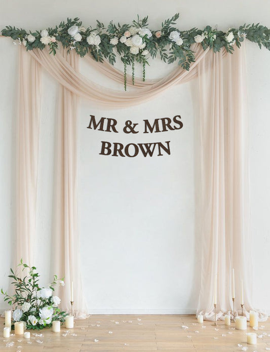 Personalized rustic wedding wood bunting garland with couple’s names for backdrop decor