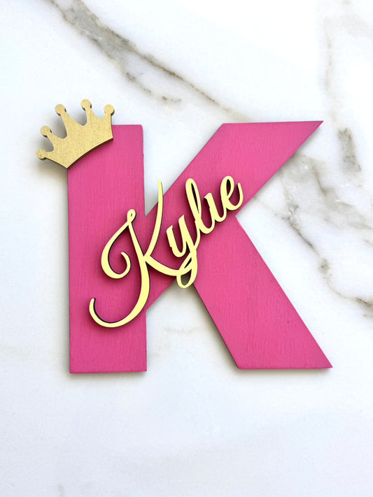 Custom wooden initial letter with baby name in pink script, 20cm personalized nursery door sign for girls bedroom