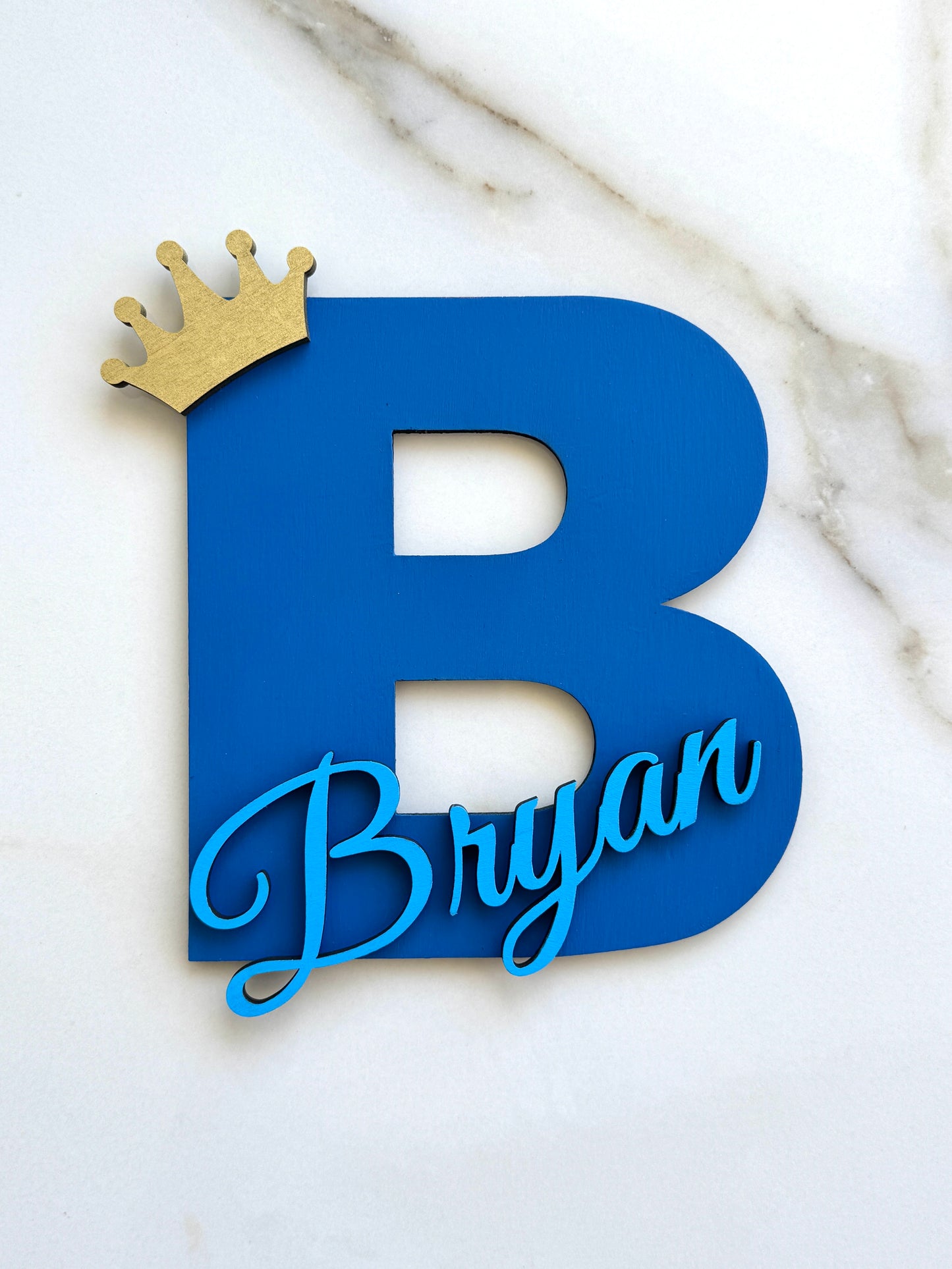 Custom wooden initial letter with baby name Blue script, 20cm personalized nursery door sign for girls bedroom