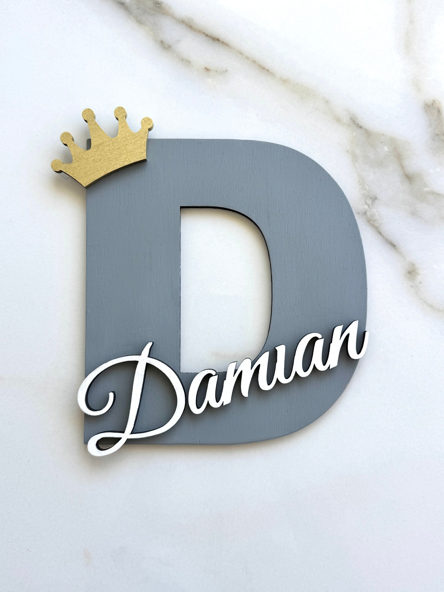 Wooden initial letter D with baby name Damian in grey script, 20cm personalized kids room wall decor and door sign for boys