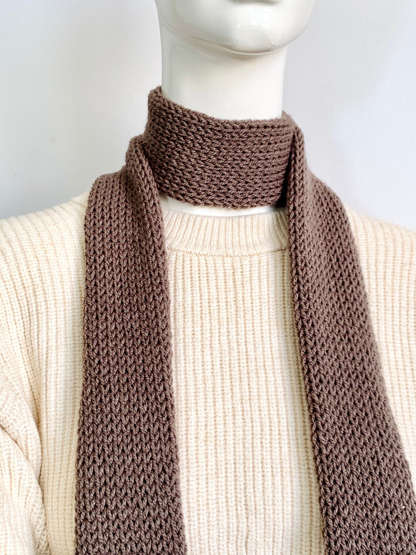 Handmade cocoa light brown knit skinny scarf for women, long double-sided tube scarf tie, soft and lightweight accessory for everyday wear or gifting