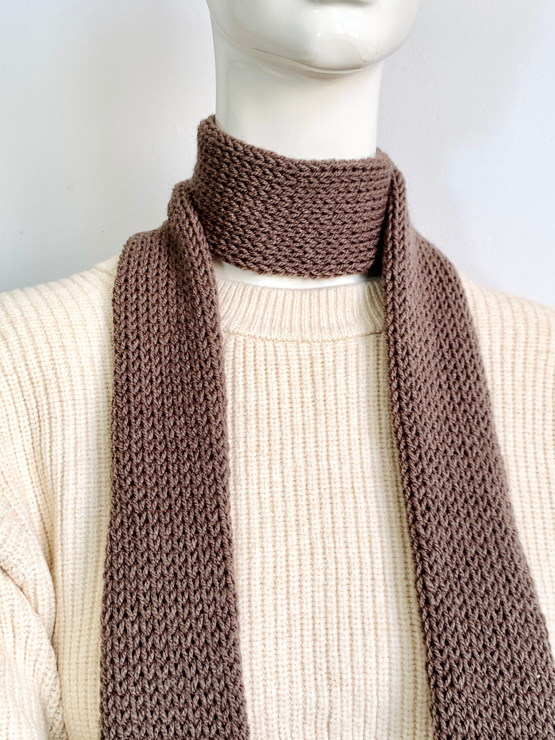 Handmade cocoa light brown knit skinny scarf for women, long double-sided tube scarf tie, soft and lightweight accessory for everyday wear or gifting