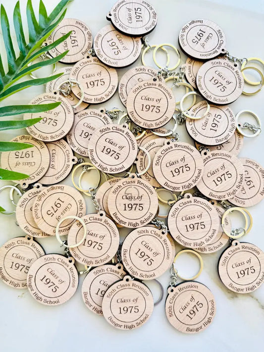 Class Reunion Favors in Bulk, Reunion Coasters, Sign Tags, Keychains, Custom Class Name Logo Tags, 10 & 50 Year Class Reunion Décor