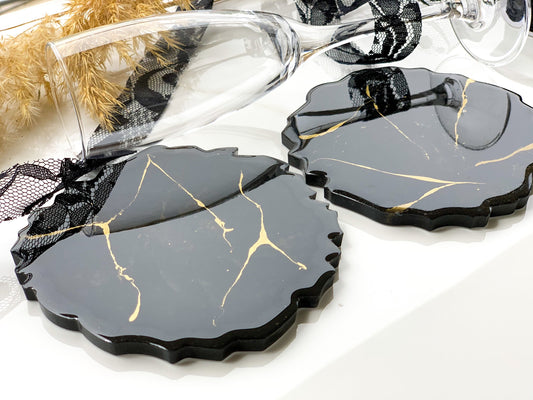 Black & Gold Marble Resin Coasters, Black Gold Agate shape Coasters, Geode Resin Coasters, Drink Coasters Set. Housewarming gift for Couples