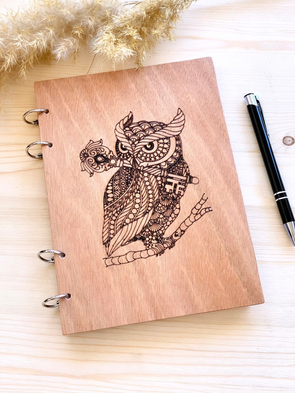 Personalized Mandala Owl Notebook, Custom Wood Engraved Notebook, Wood Journal, Custom Engraved Notepad, A5/A6 Sketchbook, Personalized Gift