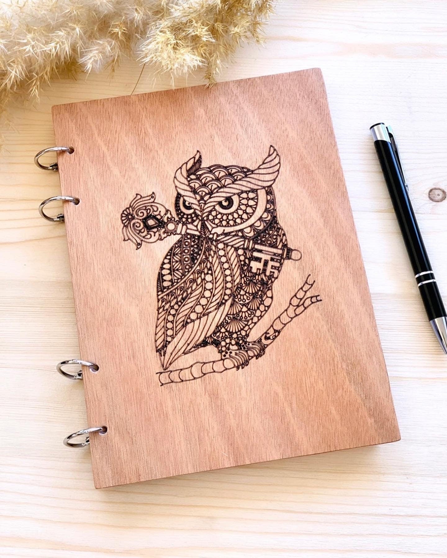 Personalized Mandala Owl Notebook, Custom Wood Engraved Notebook, Wood Journal, Custom Engraved Notepad, A5/A6 Sketchbook, Personalized Gift