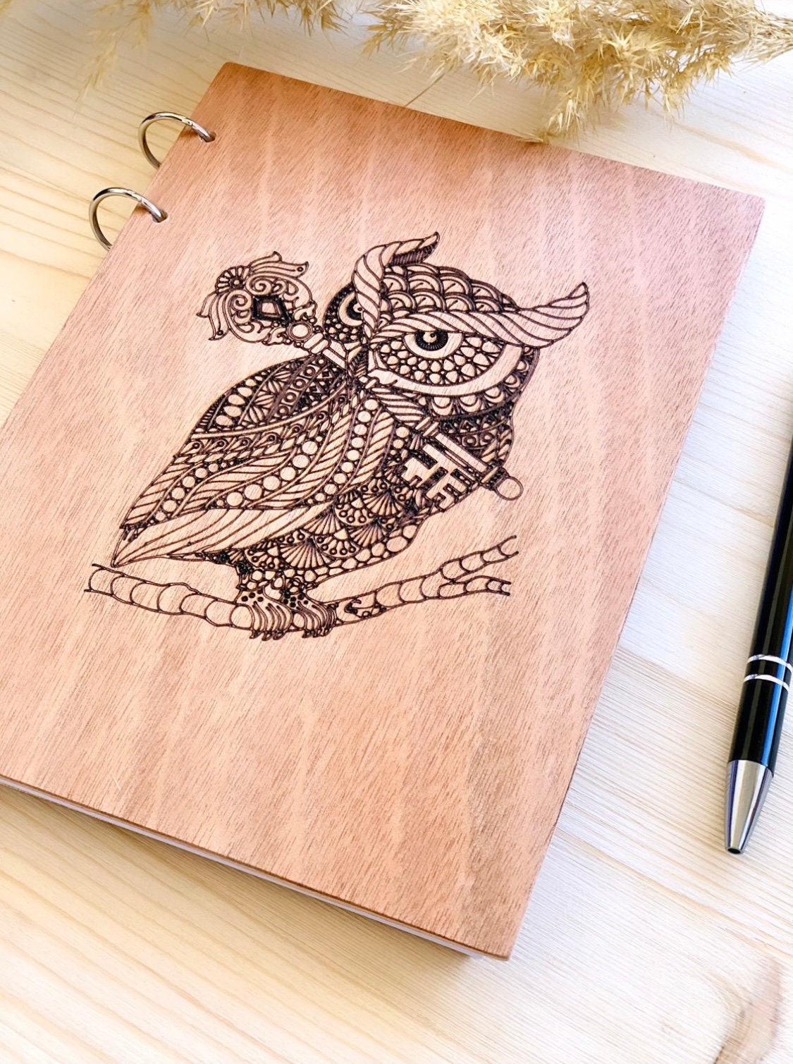 Personalized Mandala Owl Notebook, Custom Wood Engraved Notebook, Wood Journal, Custom Engraved Notepad, A5/A6 Sketchbook, Personalized Gift