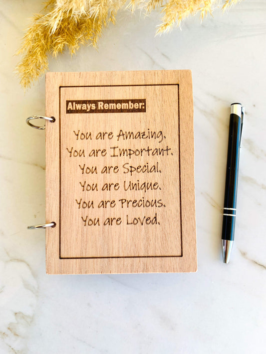 Empowering Affirmations Wooden Cover Notebook | Positive Words Engraved | Inspirational Journal for Self-Love