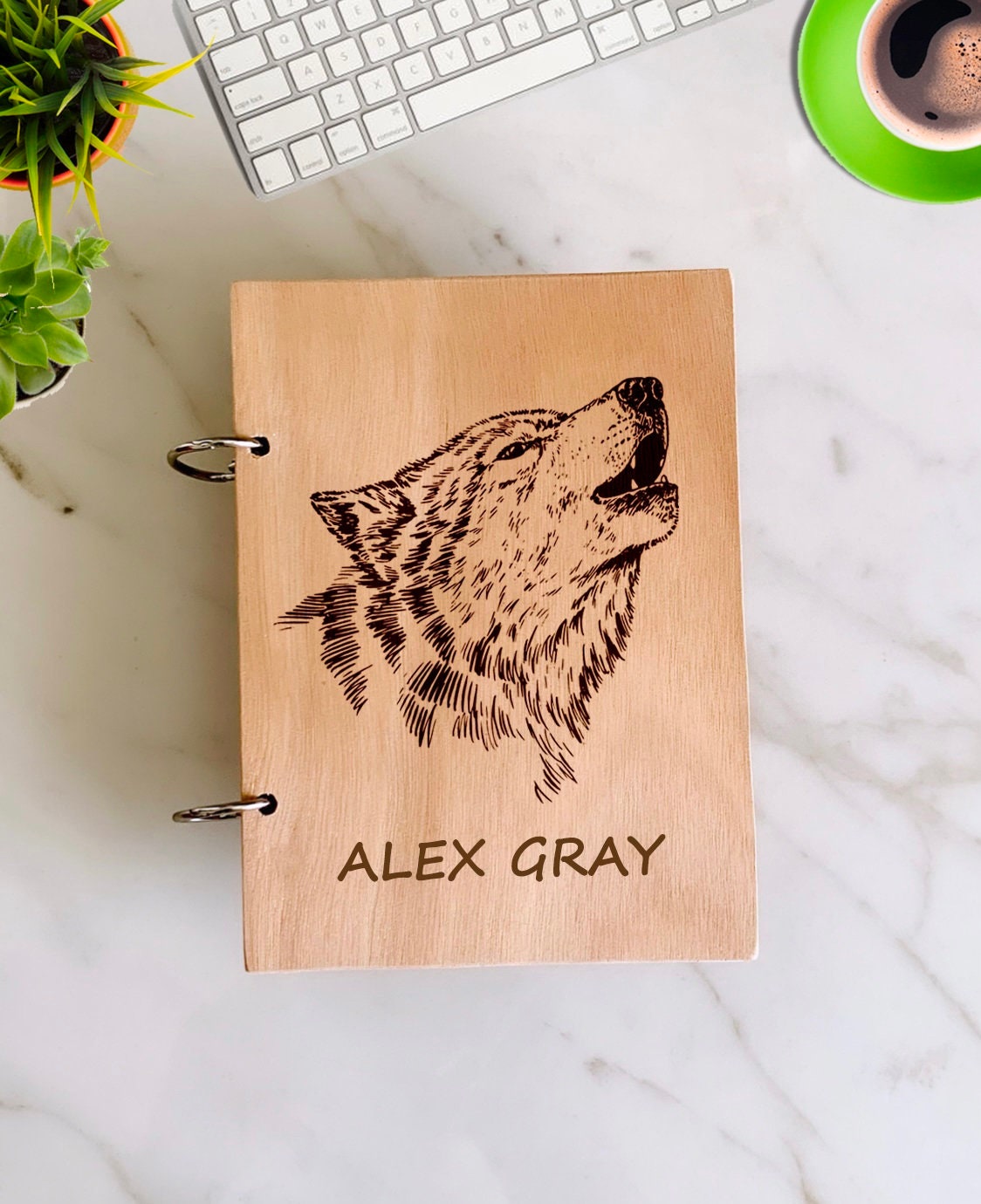 Personalized Wolf Notebook. Customize Wood Journal Engraved. Dog Wolf Wooden Notepad. Custom engraved Wooden Notebook. A5 & A6 Sketchbook