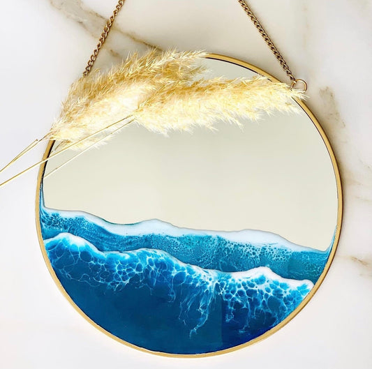 Resin Ocean Mirror Wall Art, Resin Ocean Hanging Mirror, Resin Beach Waves, Sea Resin Art m, Gold Wall Hanging Mirror Wedding Home Gift