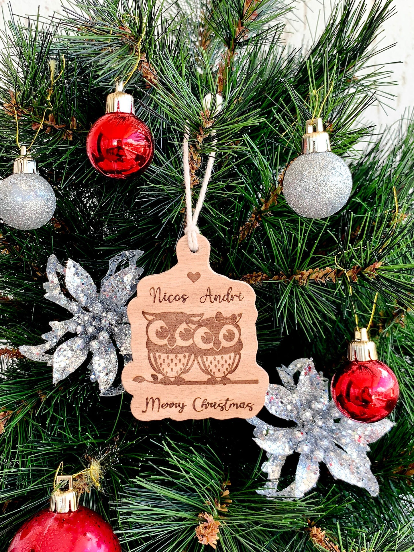 Owl Couple Names Christmas Ornament, PersonalIzed Christmas Ornament, Owls Ornament, Names Bauble, Engraved Wood Ornament, Xmas Tree Decor