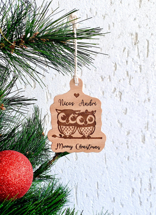 Owl Couple Names Christmas Ornament, PersonalIzed Christmas Ornament, Owls Ornament, Names Bauble, Engraved Wood Ornament, Xmas Tree Decor