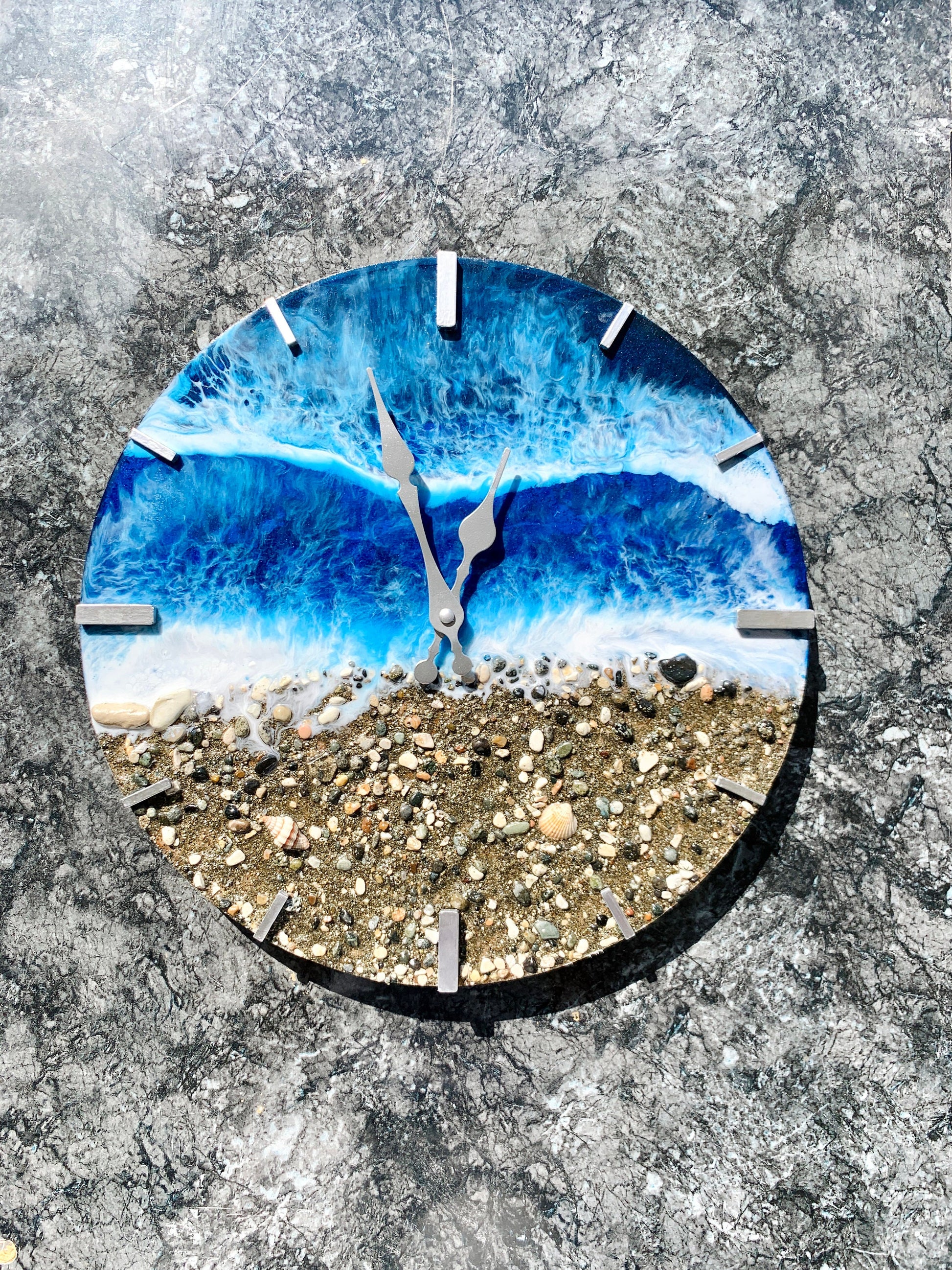 13.4&quot; Resin Ocean Clock, Resin Ocean art, Beach Wave, Ocean Wall Clock, Real Beach Sand, Rocks & Shells Housewarming Gift, Beach House gift