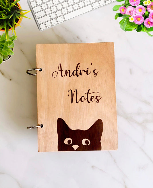 Cat Notebook Personalized, Cats Engraved Notebook, Custom Wood Name Notebook, Personalized Kitten Journal. A5 & A6 Sketchbook