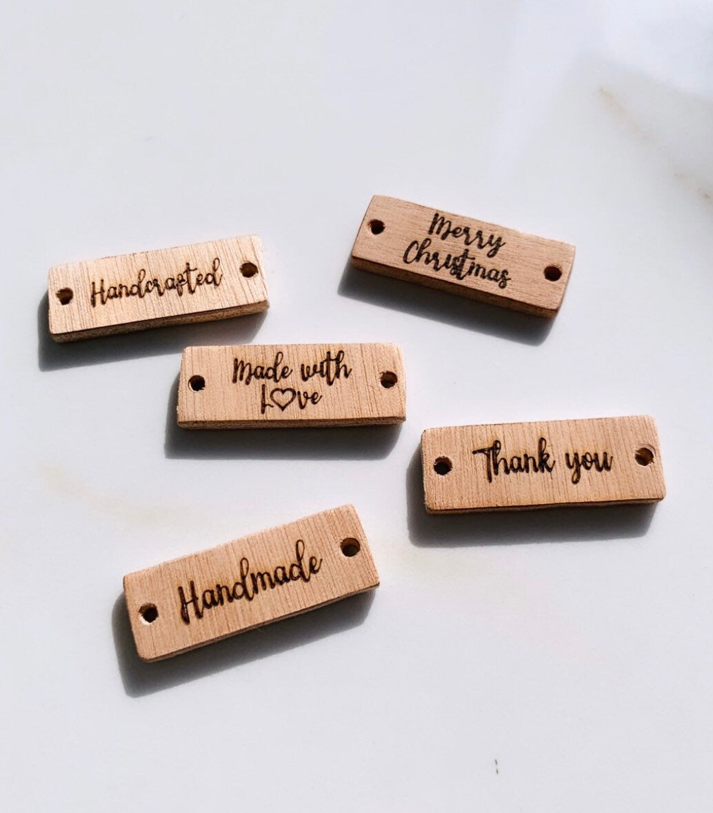 Personalized Wooden Labels, Wood Business Tags, Thank you Tags, Made with Love tags, Handmade Tags, Custom Sewing Tags, Wood Labels Bulk