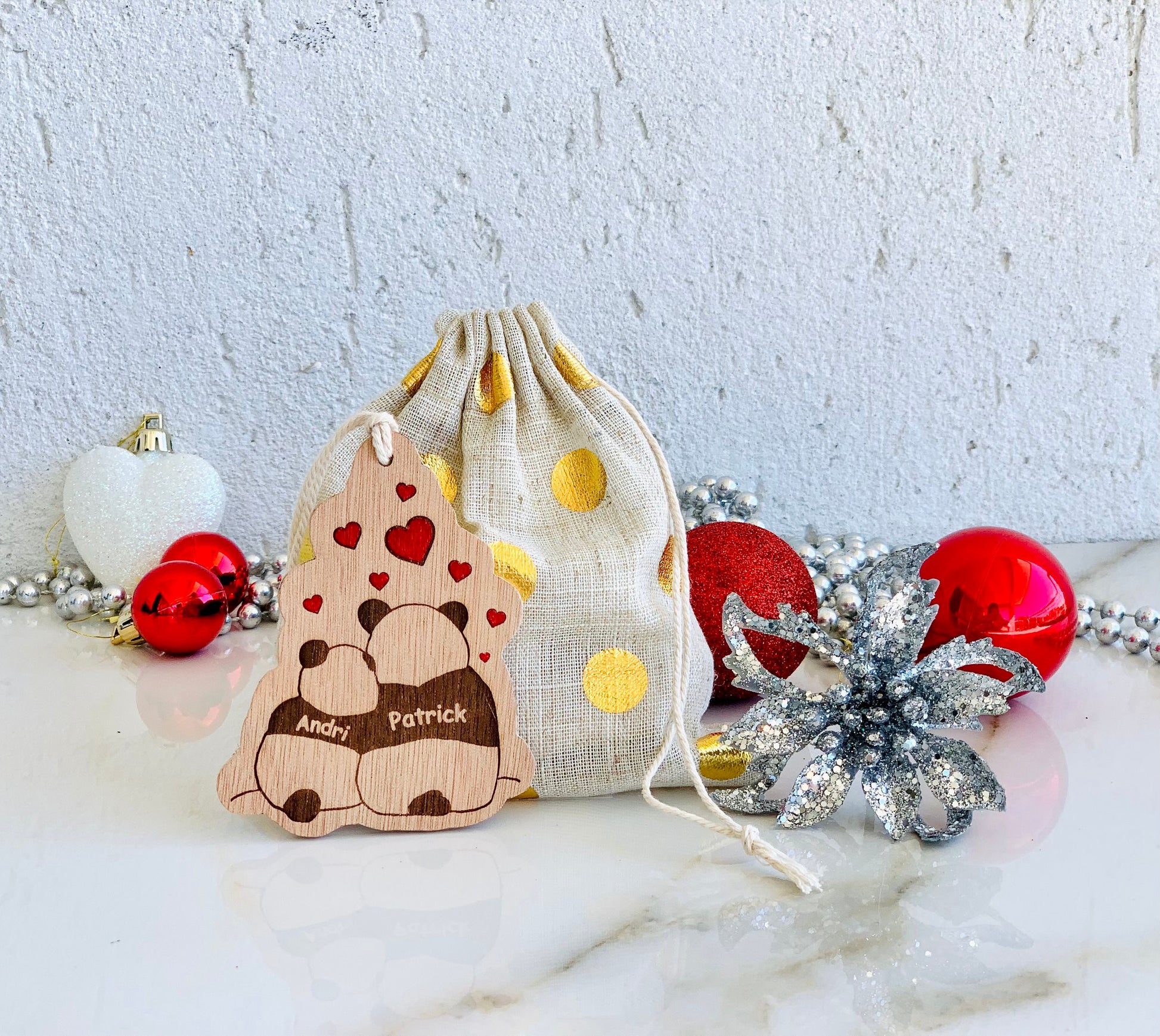Panda Bear Couple Ornament Personalized, Panda Tags, Couple Names Ornament Our First Christmas Panda Ornament, Custom Engraved Wood Ornament