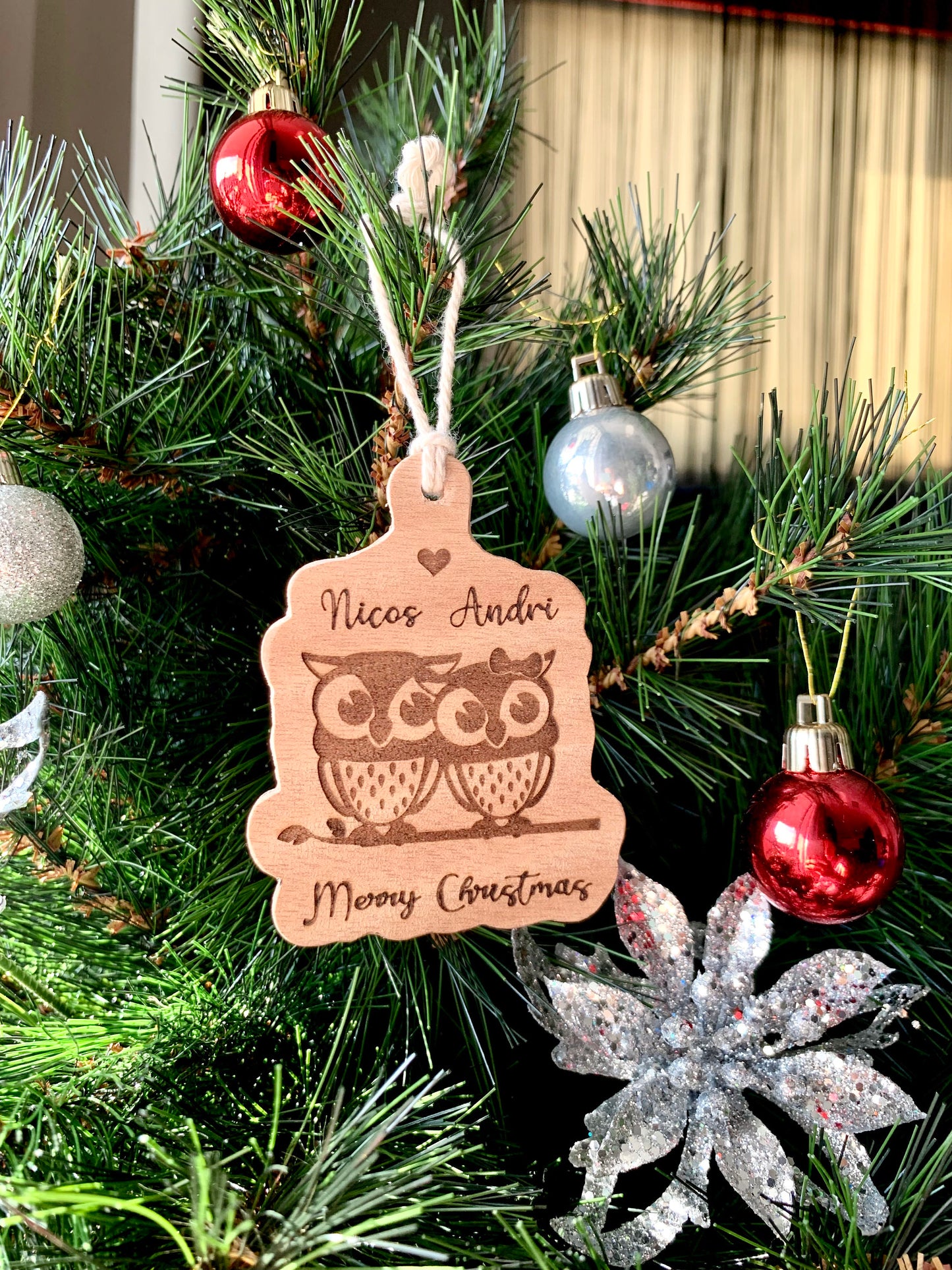 Owl Couple Names Christmas Ornament, PersonalIzed Christmas Ornament, Owls Ornament, Names Bauble, Engraved Wood Ornament, Xmas Tree Decor