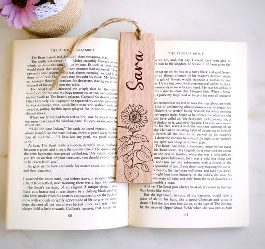 Personalized Sunflower Bookmark, Custom Wood Engraved Bookmark, Flower, Name Bookmark, Handwritten, Bridesmaids, Friends Birthday Gifts