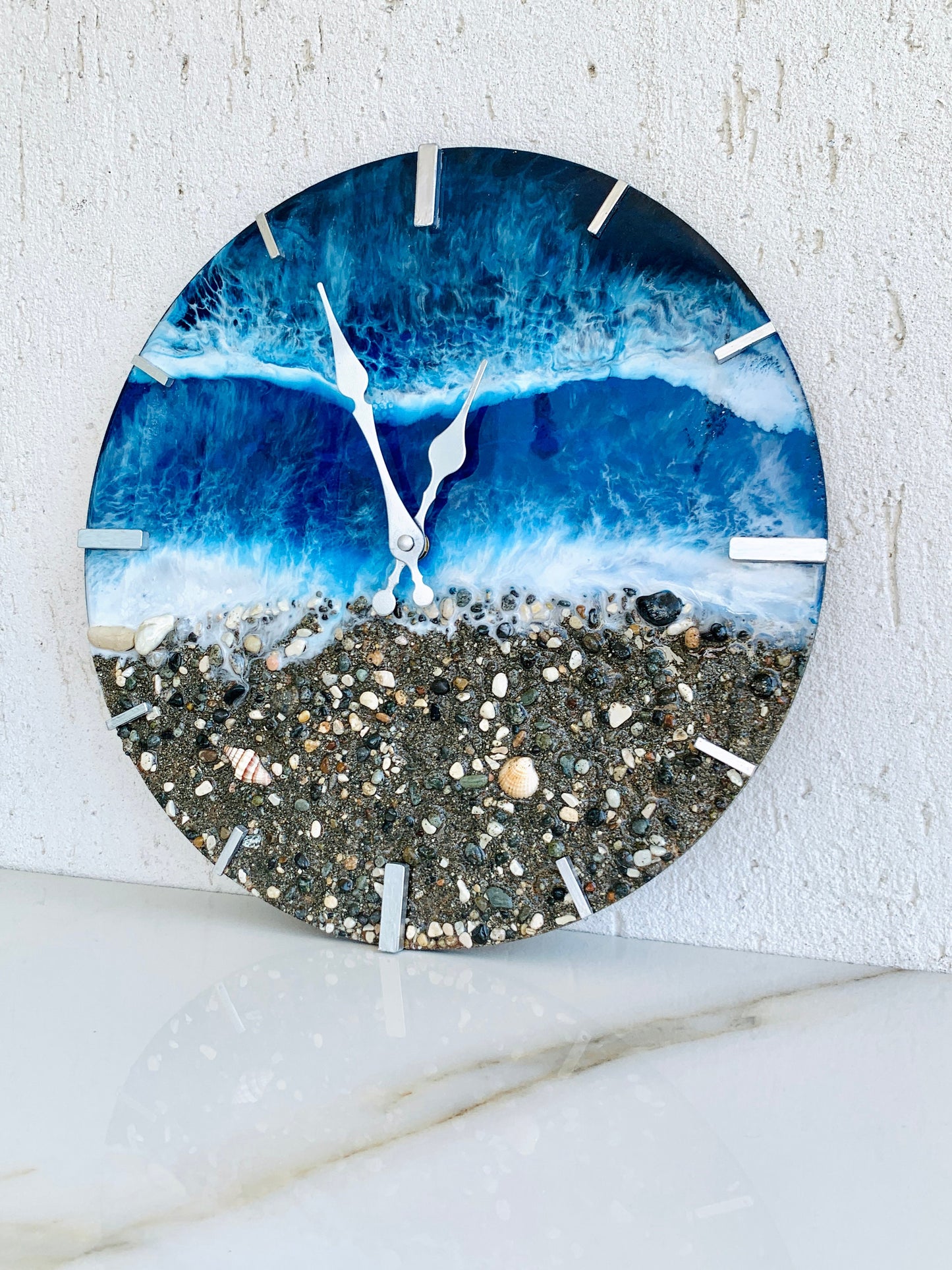 13.4&quot; Resin Ocean Clock, Resin Ocean art, Beach Wave, Ocean Wall Clock, Real Beach Sand, Rocks & Shells Housewarming Gift, Beach House gift