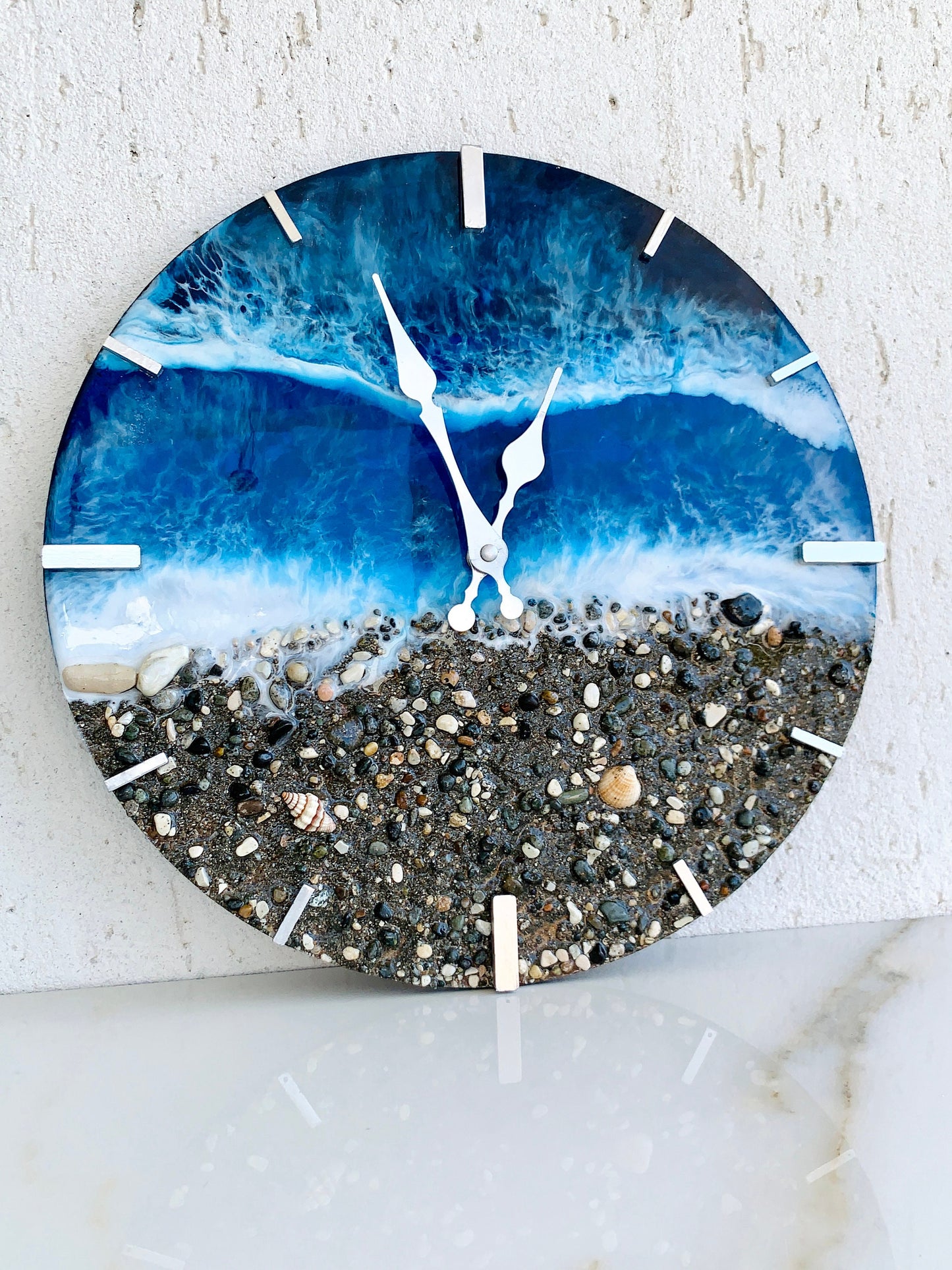 13.4&quot; Resin Ocean Clock, Resin Ocean art, Beach Wave, Ocean Wall Clock, Real Beach Sand, Rocks & Shells Housewarming Gift, Beach House gift