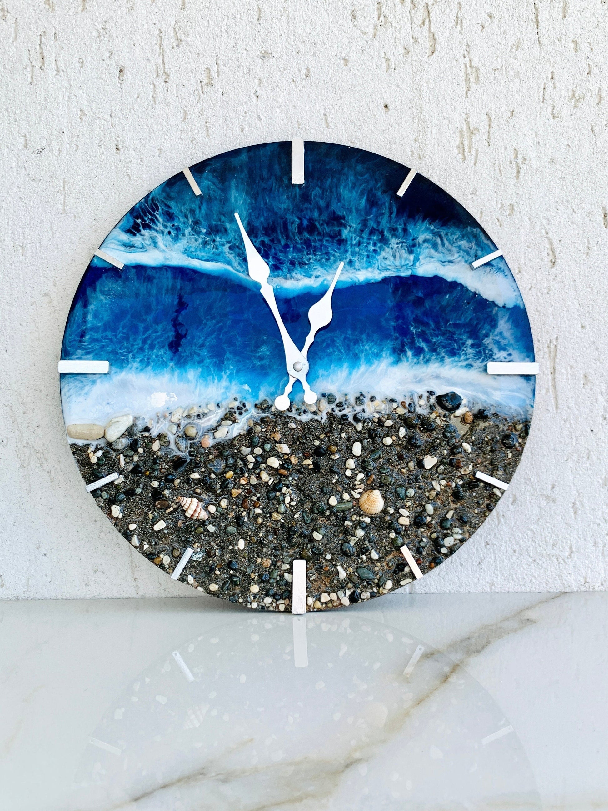 13.4&quot; Resin Ocean Clock, Resin Ocean art, Beach Wave, Ocean Wall Clock, Real Beach Sand, Rocks & Shells Housewarming Gift, Beach House gift