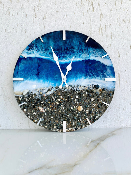 13.4&quot; Resin Ocean Clock, Resin Ocean art, Beach Wave, Ocean Wall Clock, Real Beach Sand, Rocks & Shells Housewarming Gift, Beach House gift