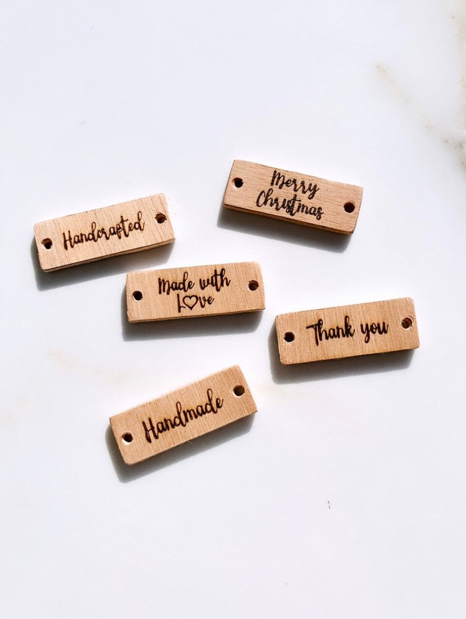 Personalized Wooden Labels, Wood Business Tags, Thank you Tags, Made with Love tags, Handmade Tags, Custom Sewing Tags, Wood Labels Bulk