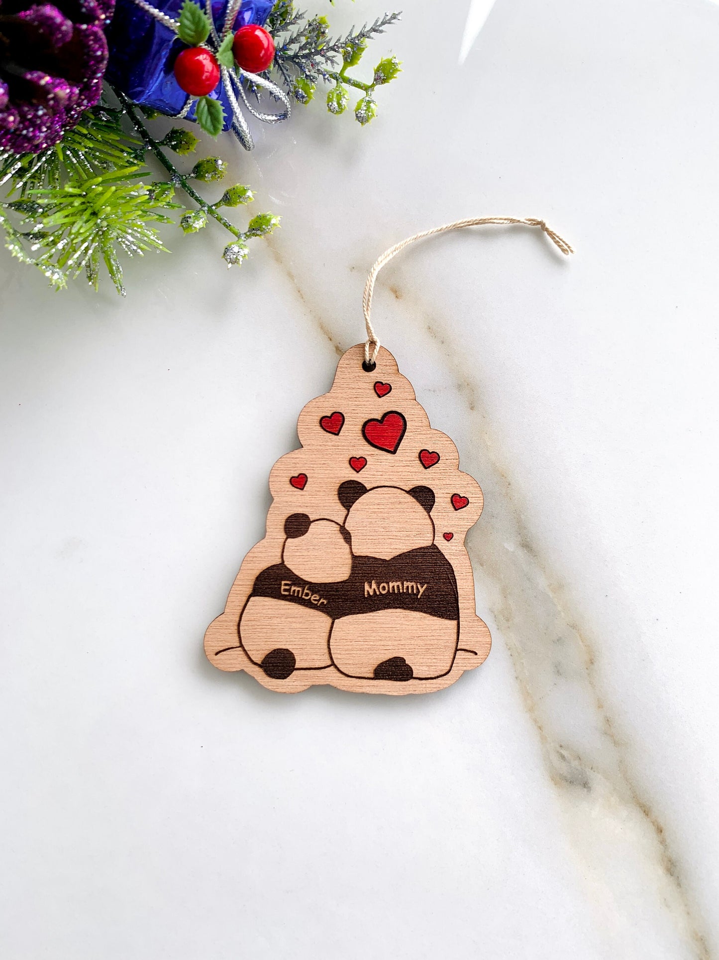 Panda Bear Couple Ornament Personalized, Panda Tags, Couple Names Ornament Our First Christmas Panda Ornament, Custom Engraved Wood Ornament