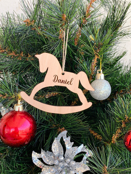 Rocking Horse Ornament Personalized, Kids Name Christmas Ornament, Baby Wood Ornament, Swing Horse Ornament, Custom Engraved Wood Ornament