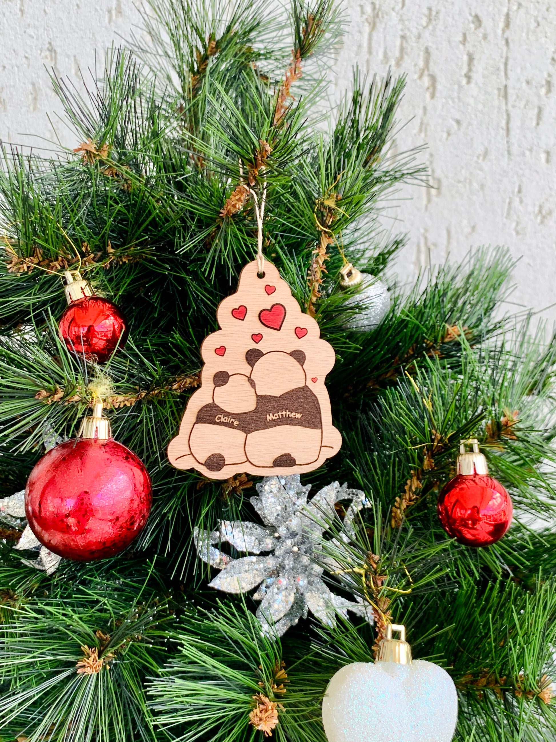 Panda Bear Couple Ornament Personalized, Panda Tags, Couple Names Ornament Our First Christmas Panda Ornament, Custom Engraved Wood Ornament