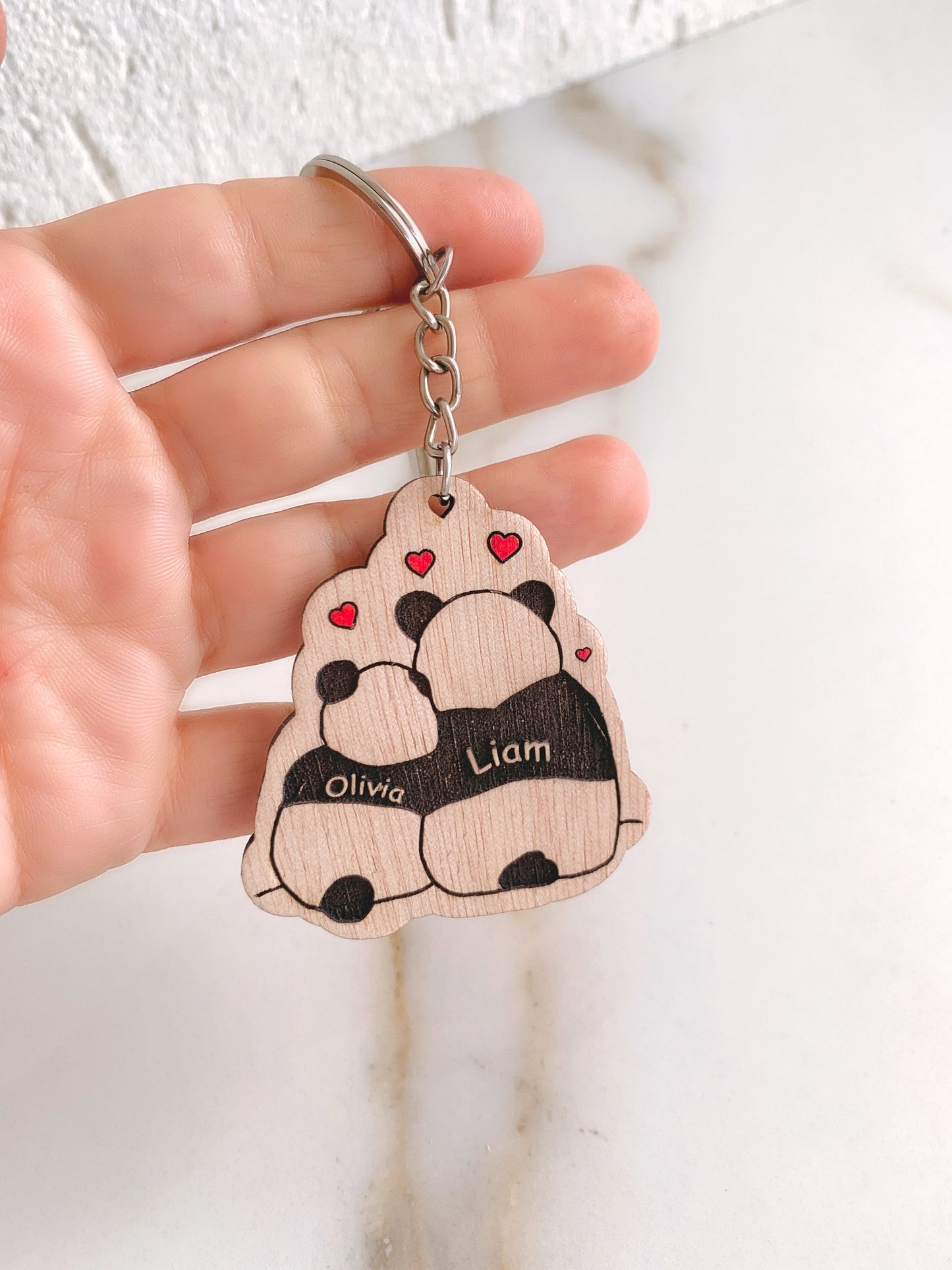 Personalized Couples Keychain, In love Panda Couple Name Keyring, Custom Engraved Wood Keyholder, Valentines Gift for HimHer, New home Gift