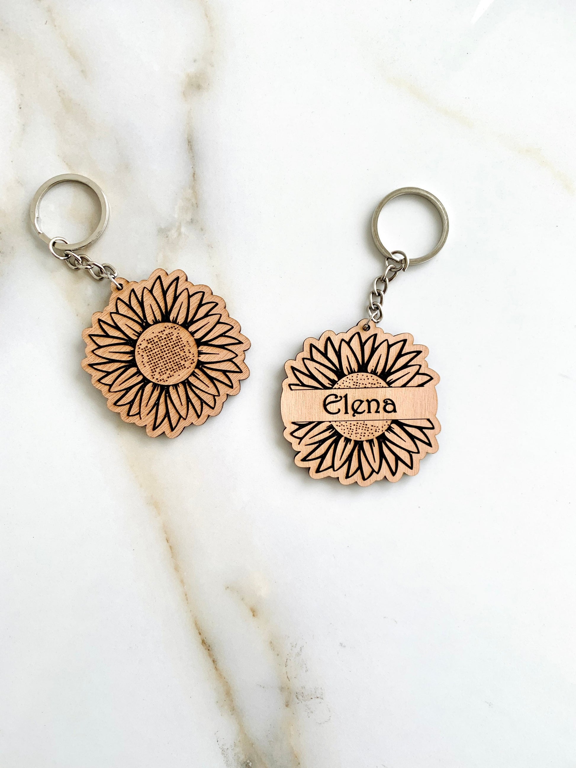 Personalized Sunflower Wood Engraved Keychain