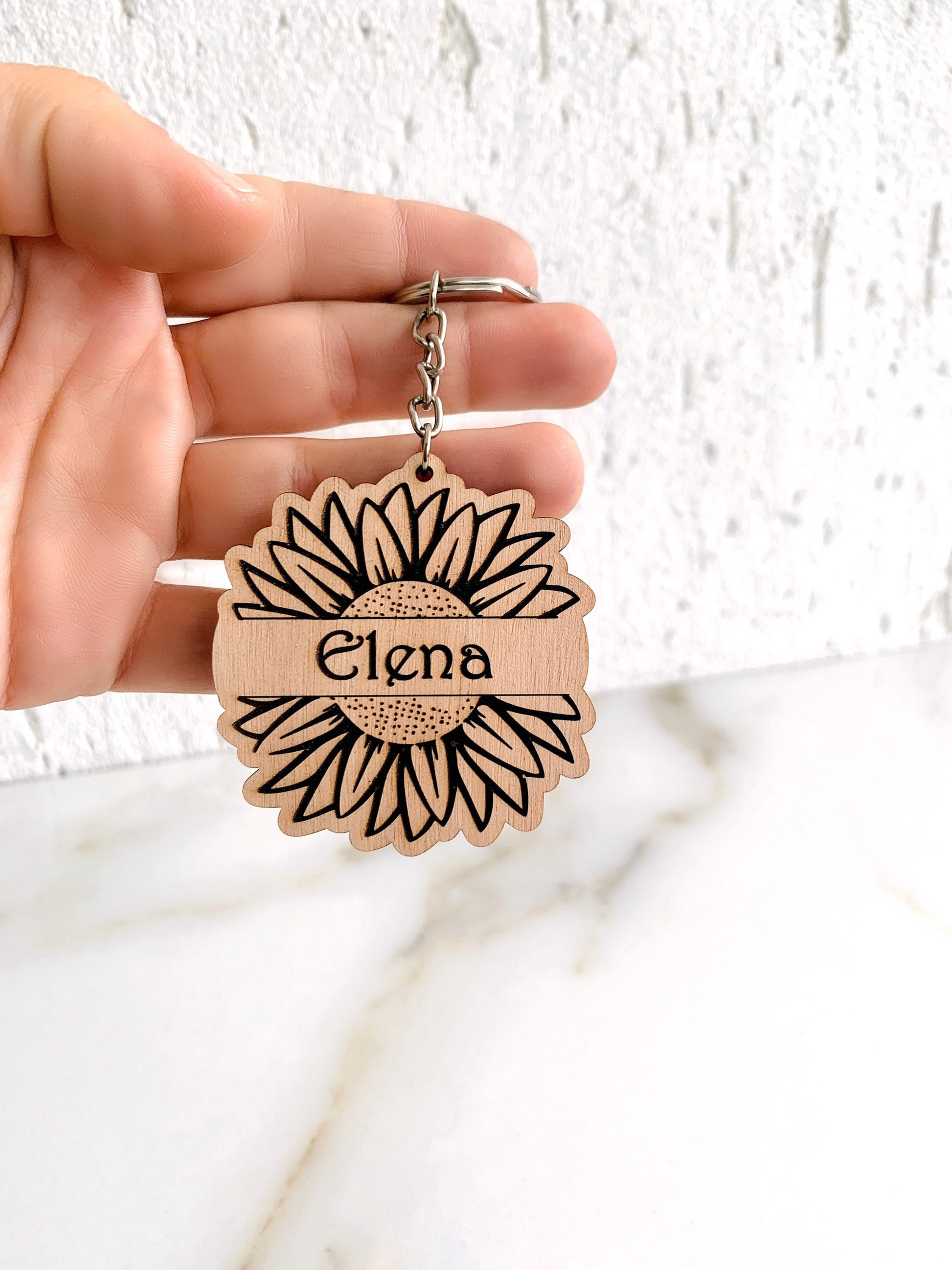 Personalized Sunflower Wood Engraved Keychain