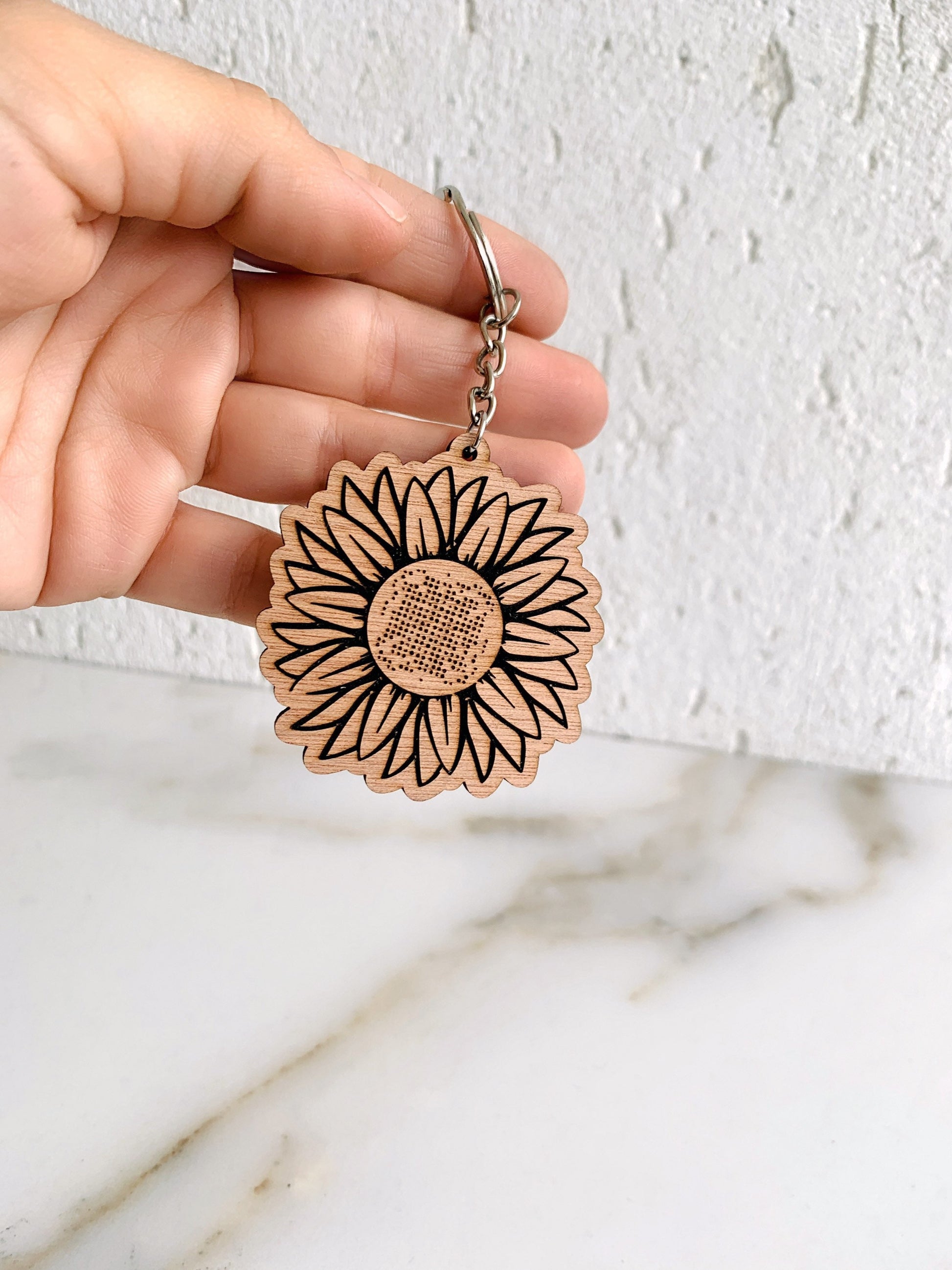 Personalized Sunflower Wood Engraved Keychain