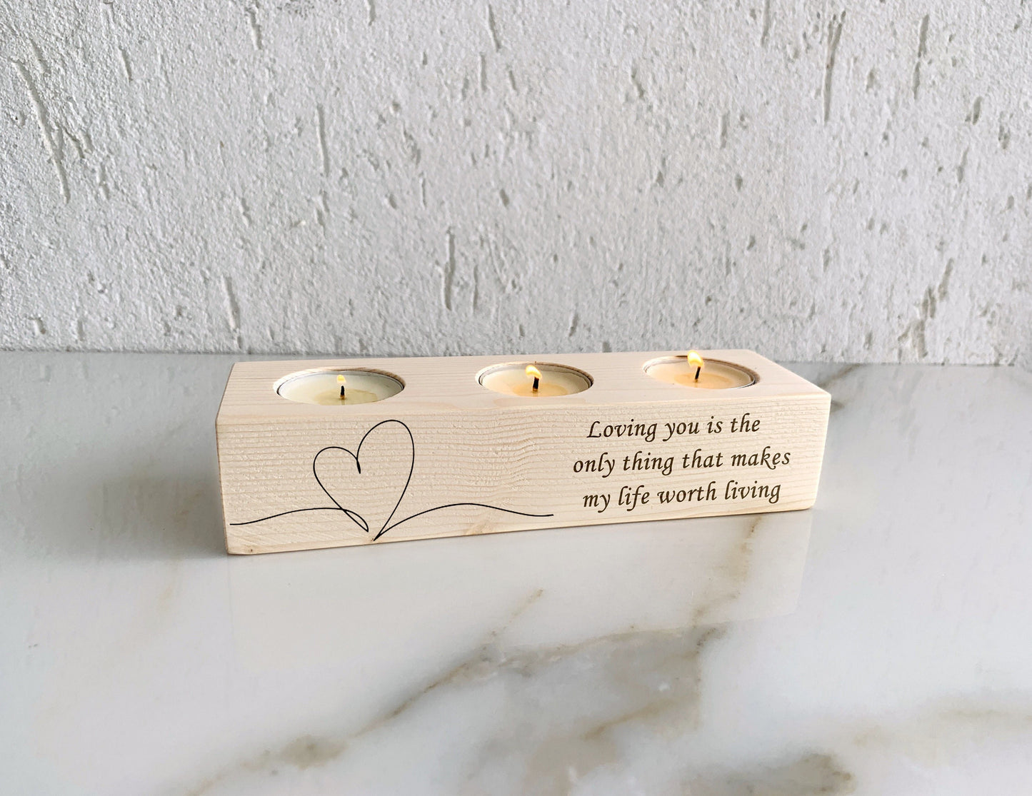 Personalized Rustic Wood Tealight Candle Holder - Custom Engraved Message - Handcrafted Minimalist Homeware for Valentine’s Day