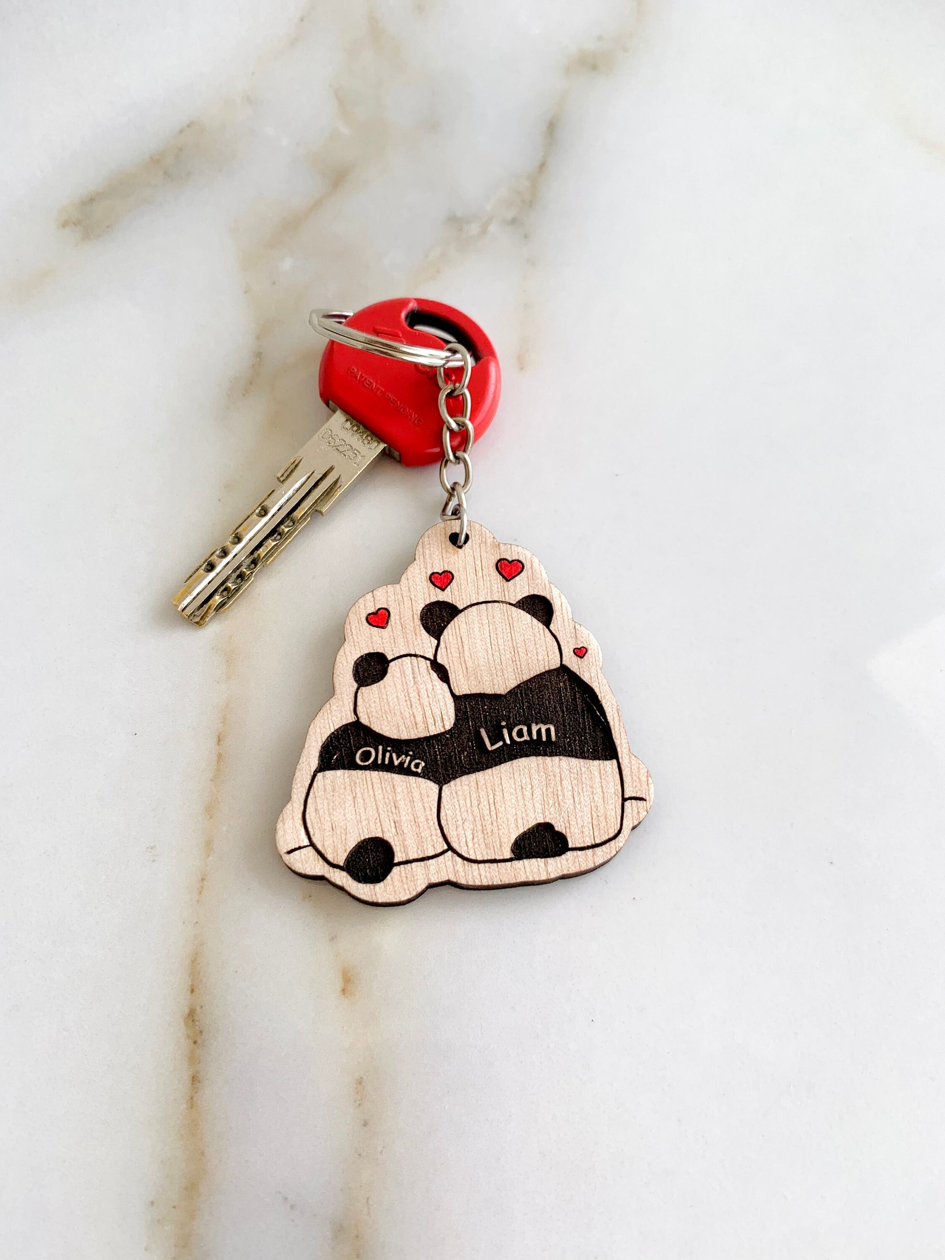 Personalized Couples Keychain, In love Panda Couple Name Keyring, Custom Engraved Wood Keyholder, Valentines Gift for HimHer, New home Gift