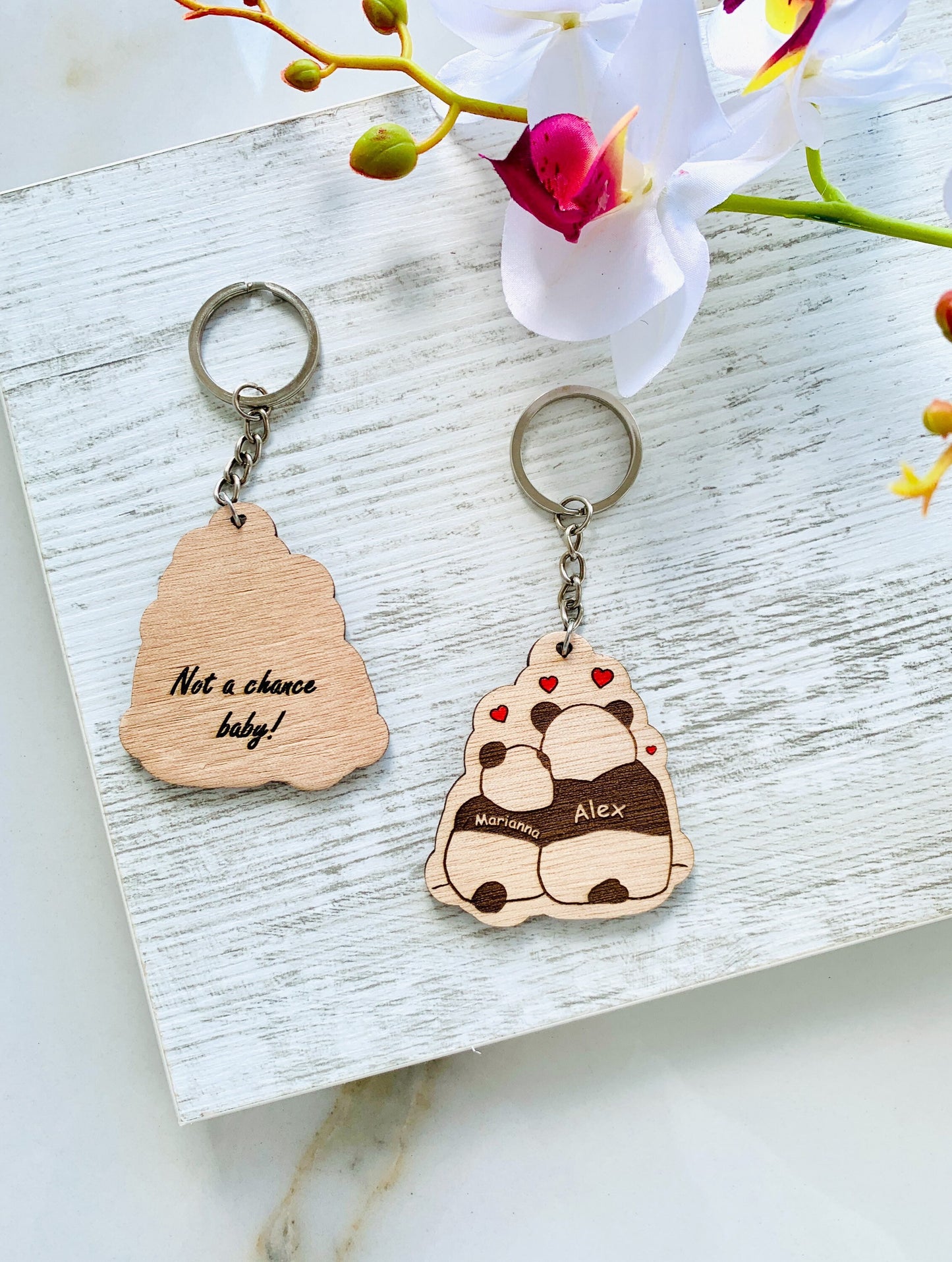 Personalized Couples Names Gift Keychain, In love Panda Couple Name Keyring, Custom Engraved Wood Keyholder, Valentines Day Gift for Him/Her