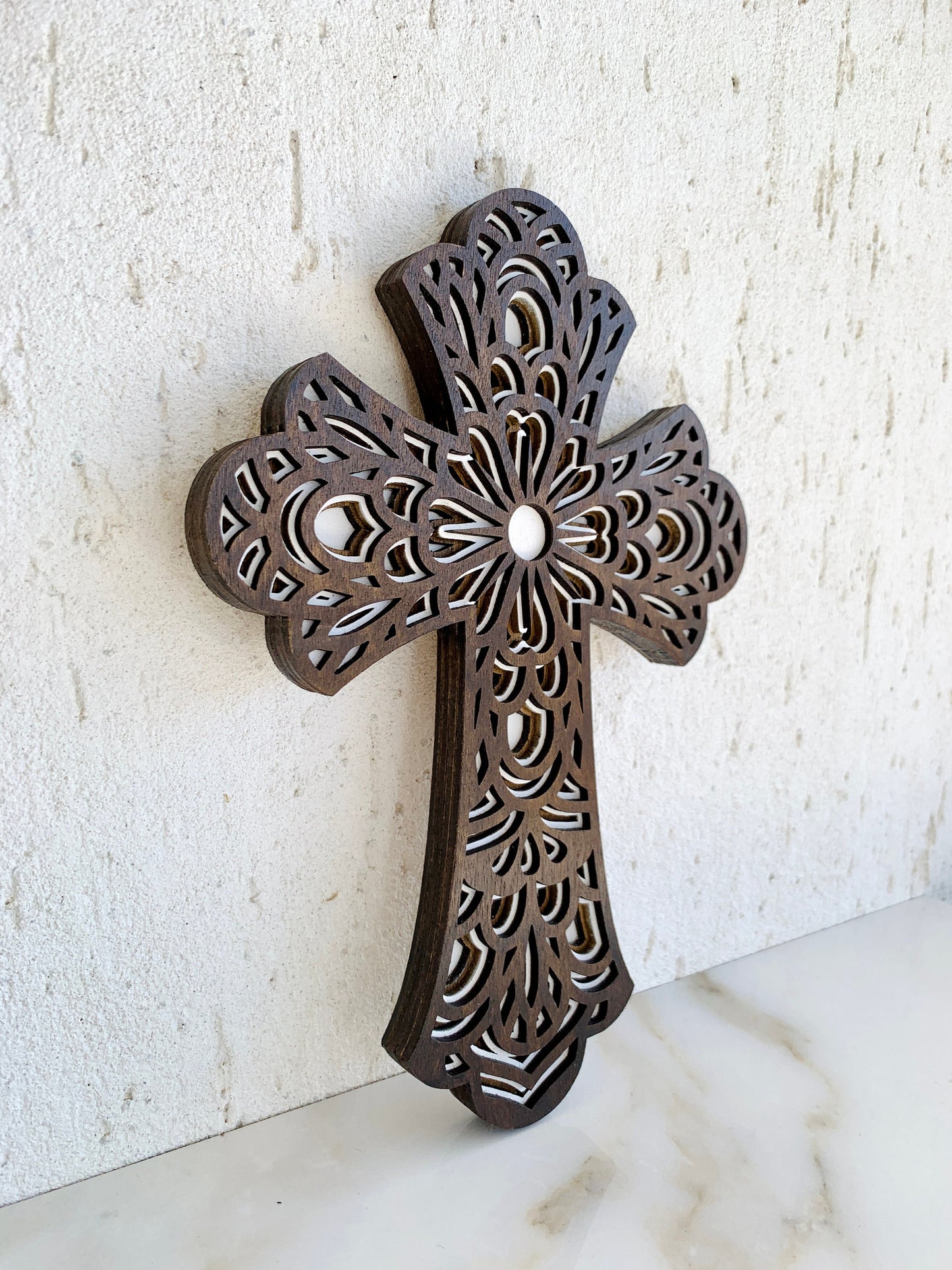 Wood Wall Cross 3D Layered Mandala Large Cross Religious Spiritual Cross Crucifix Rustic Wood Cross Christian Cross Home Decor Easter Gift