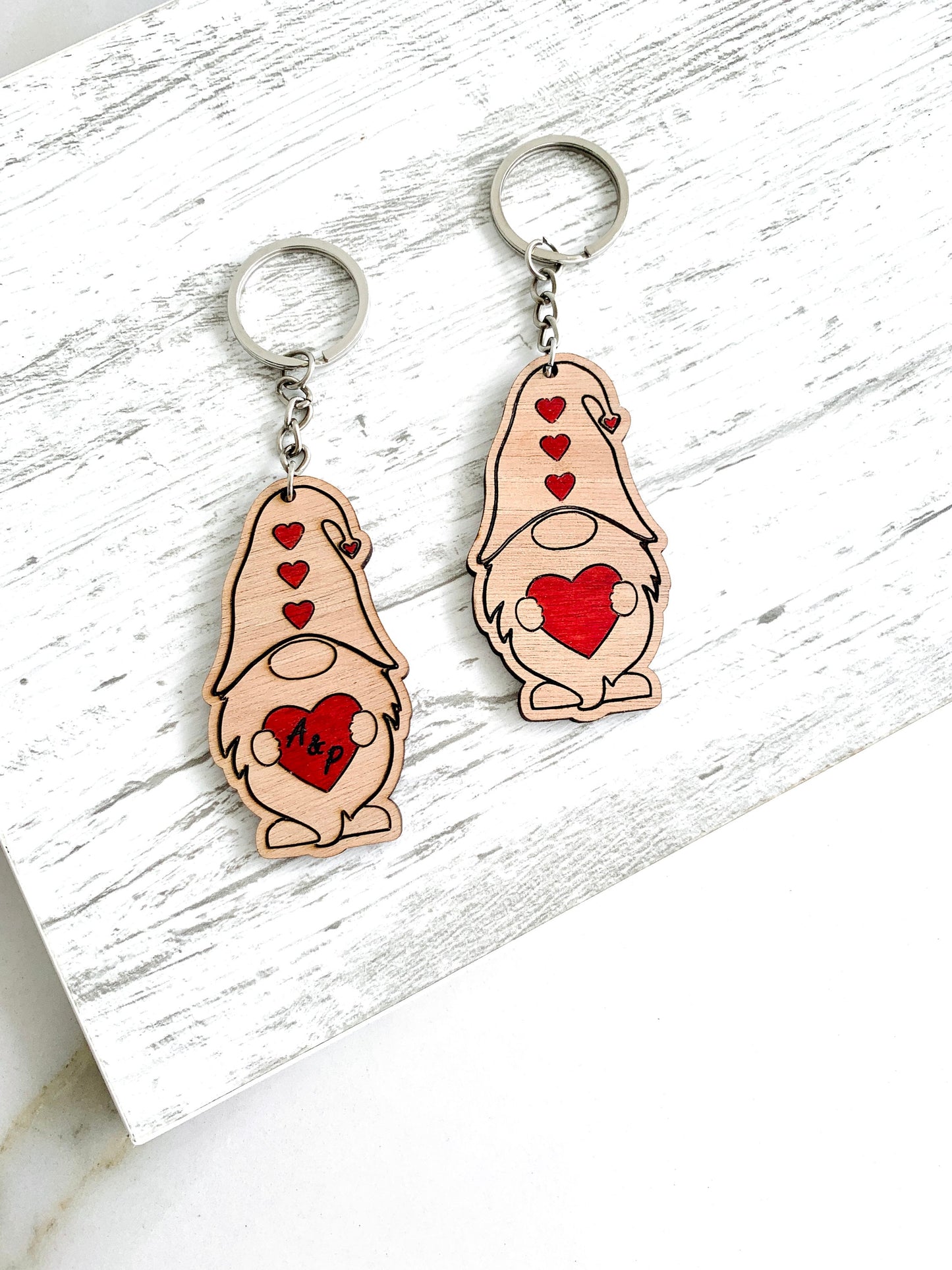 Personalized Valentines Gnome Couples Names Gift Keychain, Gnome Couples Name Initials Keyring, Custom Engraved Wood Keyholder, Valentines Gift for Him/Her