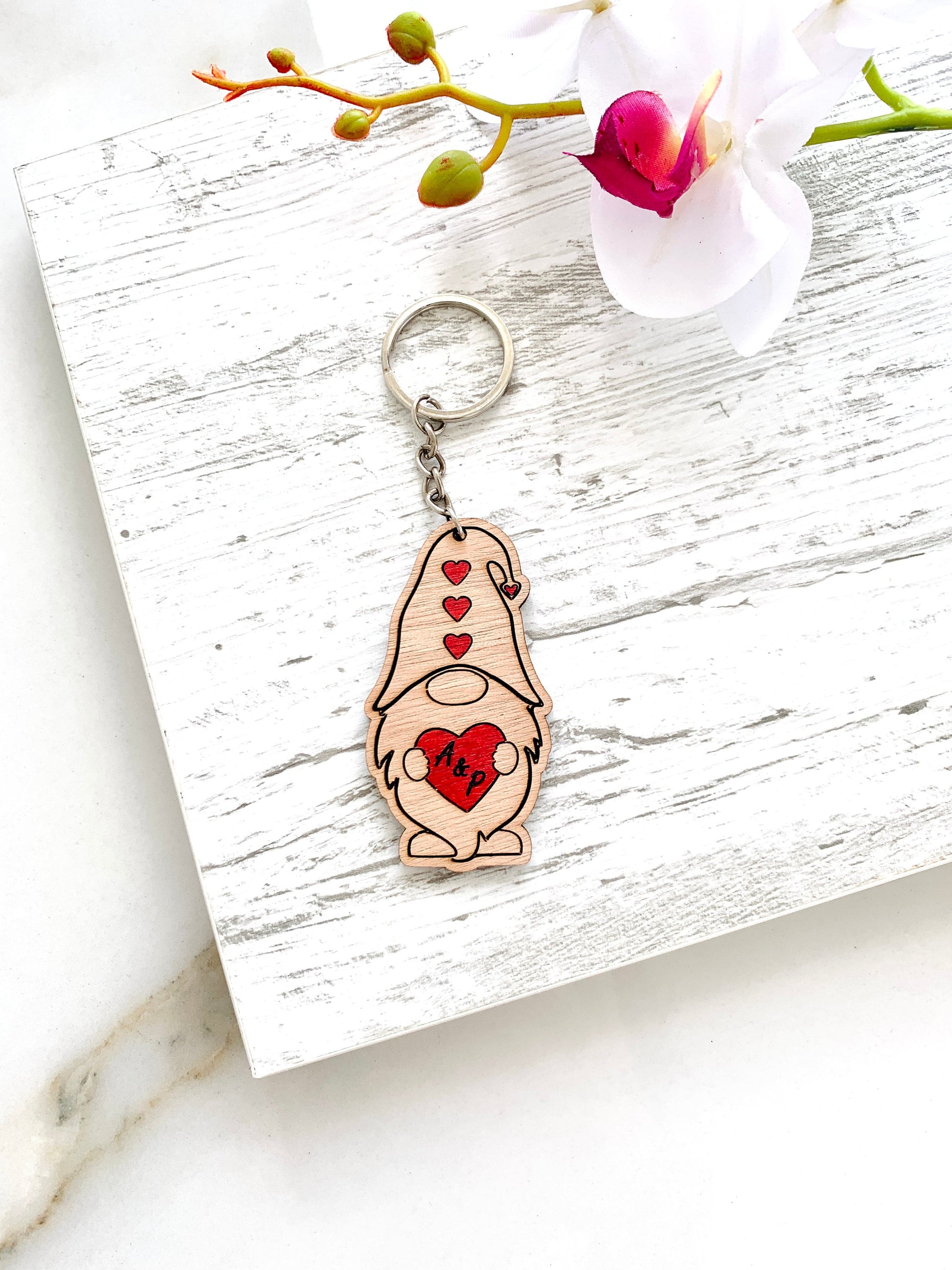 Personalized Valentines Gnome Couples Names Gift Keychain, Gnome Couples Name Initials Keyring, Custom Engraved Wood Keyholder, Valentines Gift for Him/Her