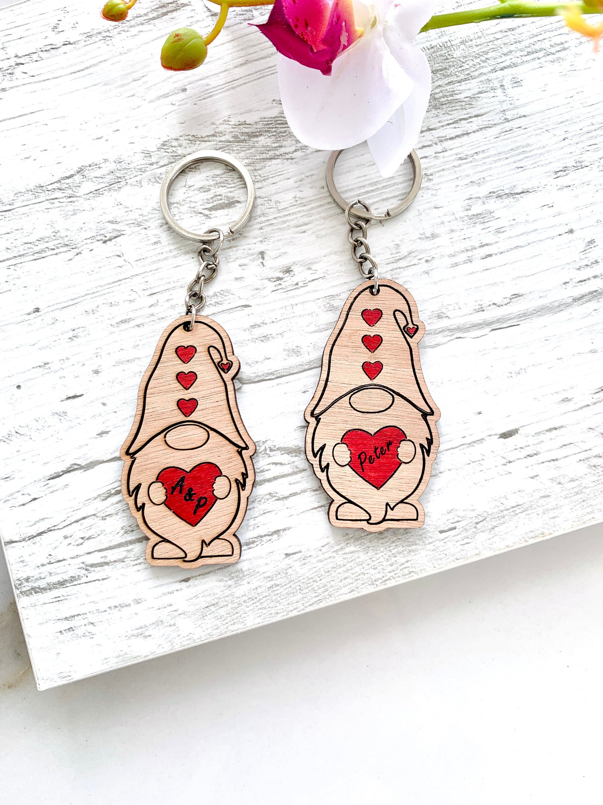 Personalized Valentines Gnome Couples Names Gift Keychain, Gnome Couples Name Initials Keyring, Custom Engraved Wood Keyholder, Valentines Gift for Him/Her