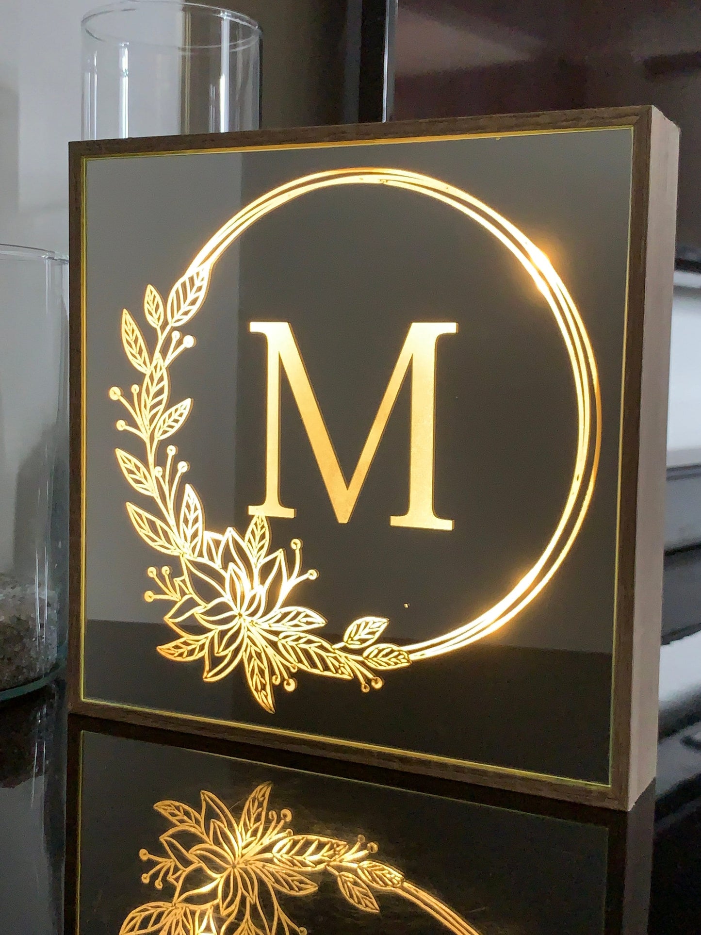 Personalized Mirror Sign with LED Lights for Couples Custom Name Initial Monogram Engraved Mirrored Plaque Valentine’s Day Wedding Newlyweds Gift