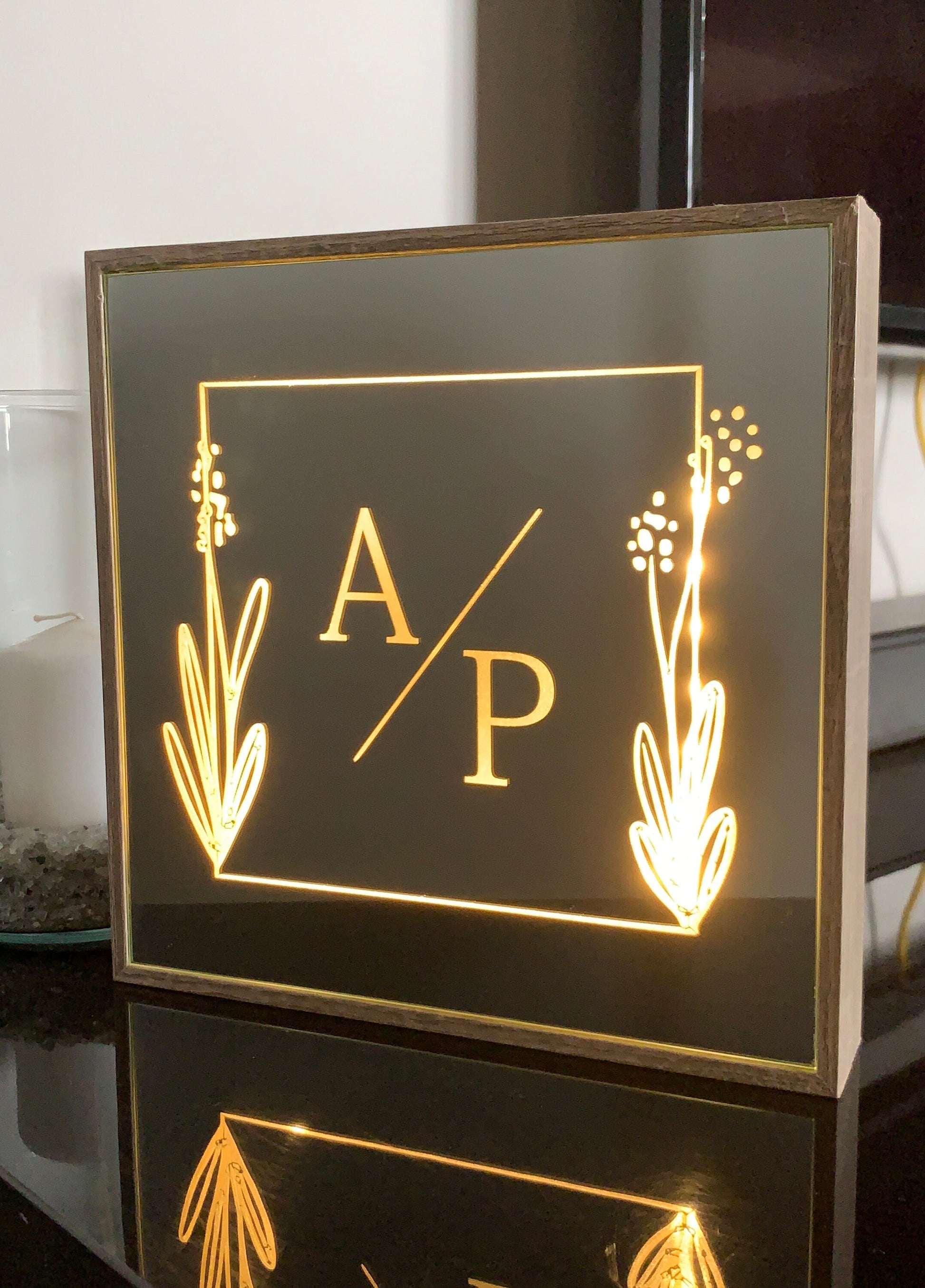 Personalized Mirror Sign with LED Lights for Couples Custom Name Initial Monogram Engraved Mirrored Plaque Valentine’s Day Wedding Newlyweds Gift