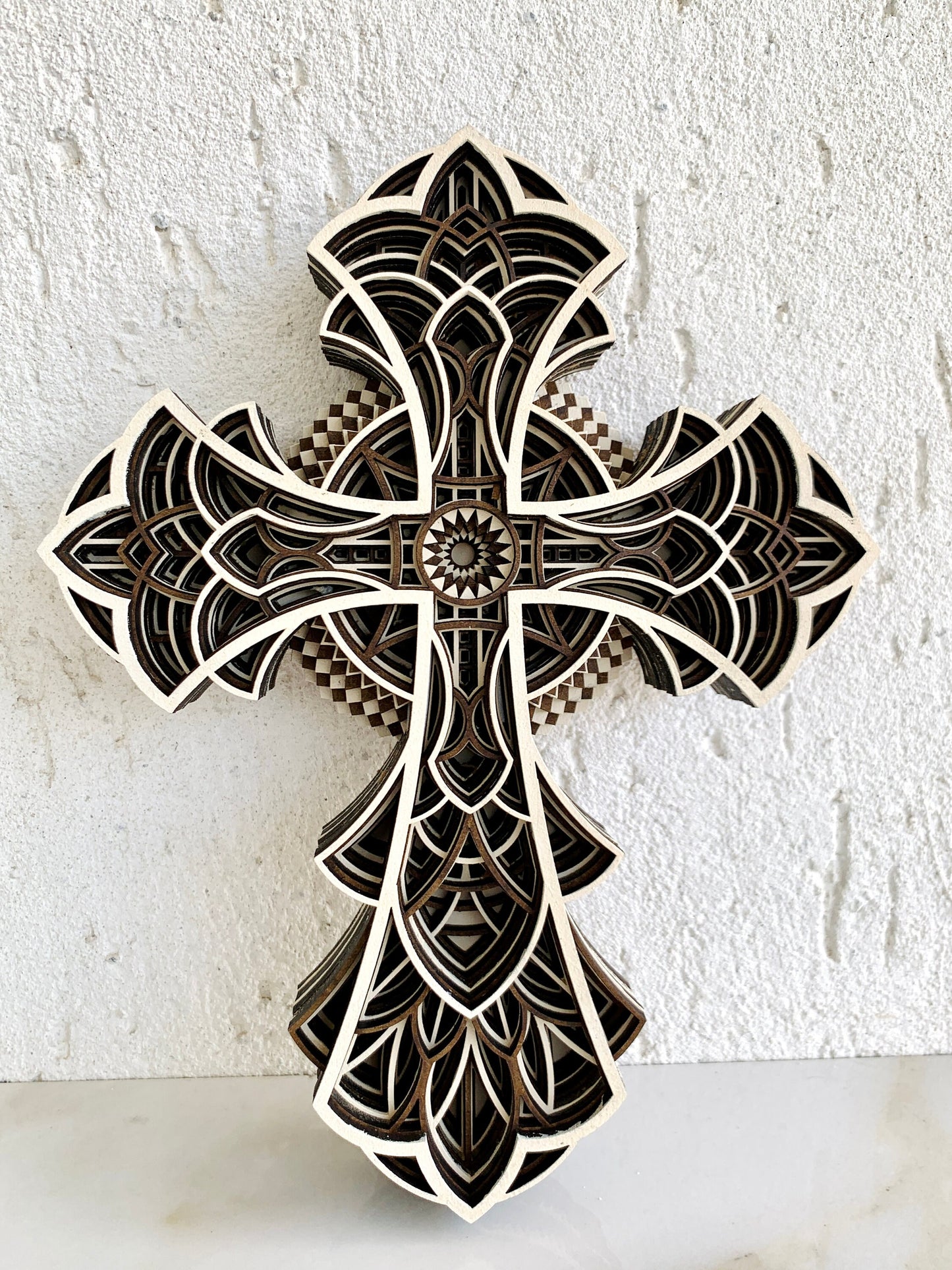 Wood Wall Cross for Home 3D Layered Mandala Large Cross Religious Spiritual Cross Crucifix Rustic Christian Cross Home Decor Easter Gift