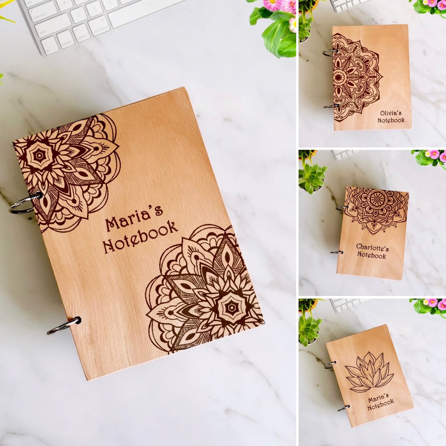 Mandala Name Wood Notebook Personalized Custom Message Wood Engraved Journal Mandala Notepad A5/A6 Sketchbook Personalized Gift for Her