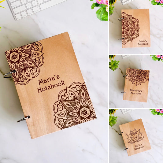 Mandala Name Wood Notebook Personalized Custom Message Wood Engraved Journal Mandala Notepad A5/A6 Sketchbook Personalized Gift for Her